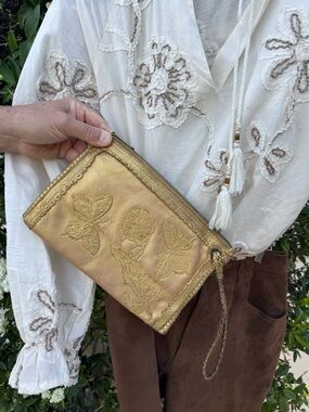 World Family Ibiza Gold Leather Embroidered Wristlet Clutch - Women